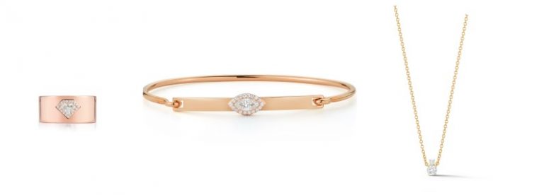 Diamond & gold cigar band ring, gold marquise diamond bangle, and round cut gold solitaire diamond necklace from Jemma Wynne