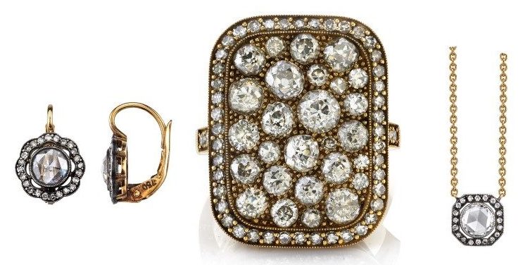Round cut and pave diamond earrings, cobblestone diamond ring & diamond pendant necklace from Single Stone