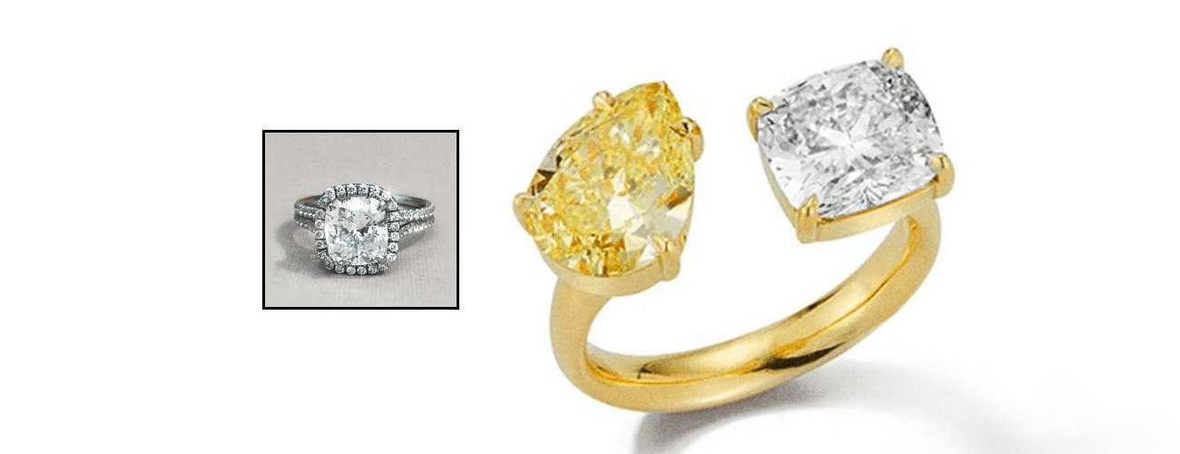 Upcycle jewelry piece & family heirloom repurposed as a white cushion cut & yellow pear shaped diamond ring with a gold band