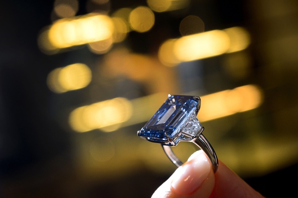 The Oppenheimer Blue diamond ring featuring a 14.62 carat fancy vivid blue diamond set in platinum