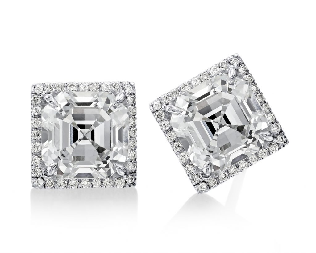 Asscher cut diamond stud earrings with micro pavé diamonds