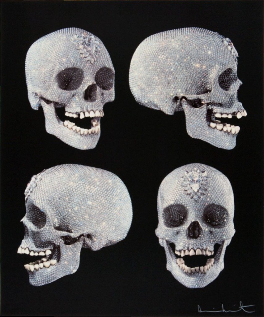 Platinum diamond skull encrusted with flawless diamonds and a pear shaped diamond on the forehead by Damien Hirst