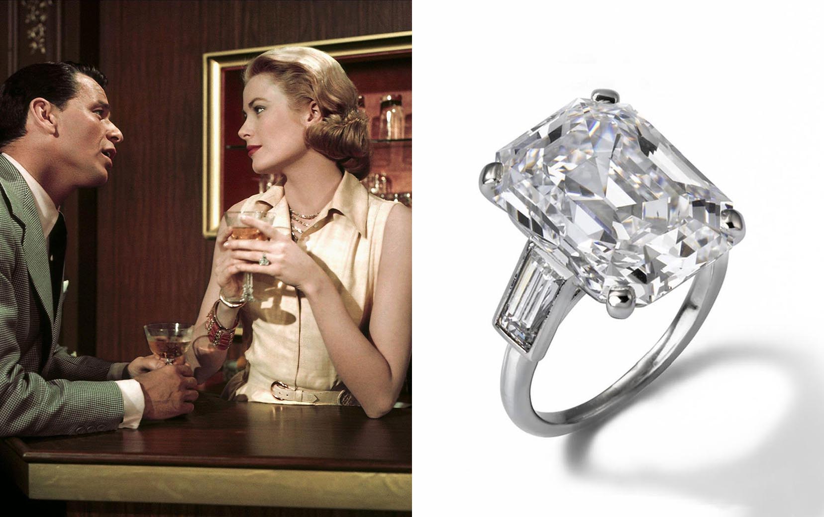 10.48-carat emerald cut diamond engagement ring with side stones and platinum band worn by Grace Kelly in High Society movie