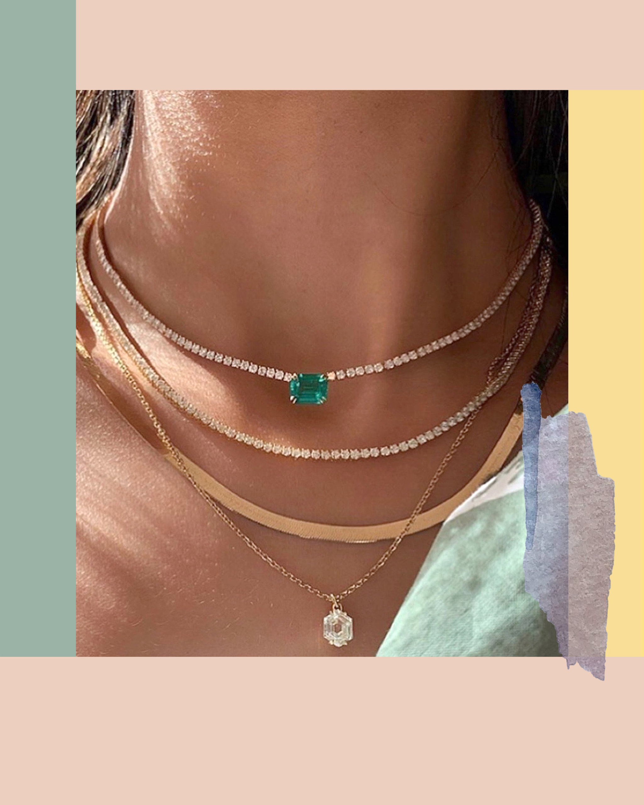 Emerald gemstone and pave diamonds set within gold layered necklaces from Anita Ko