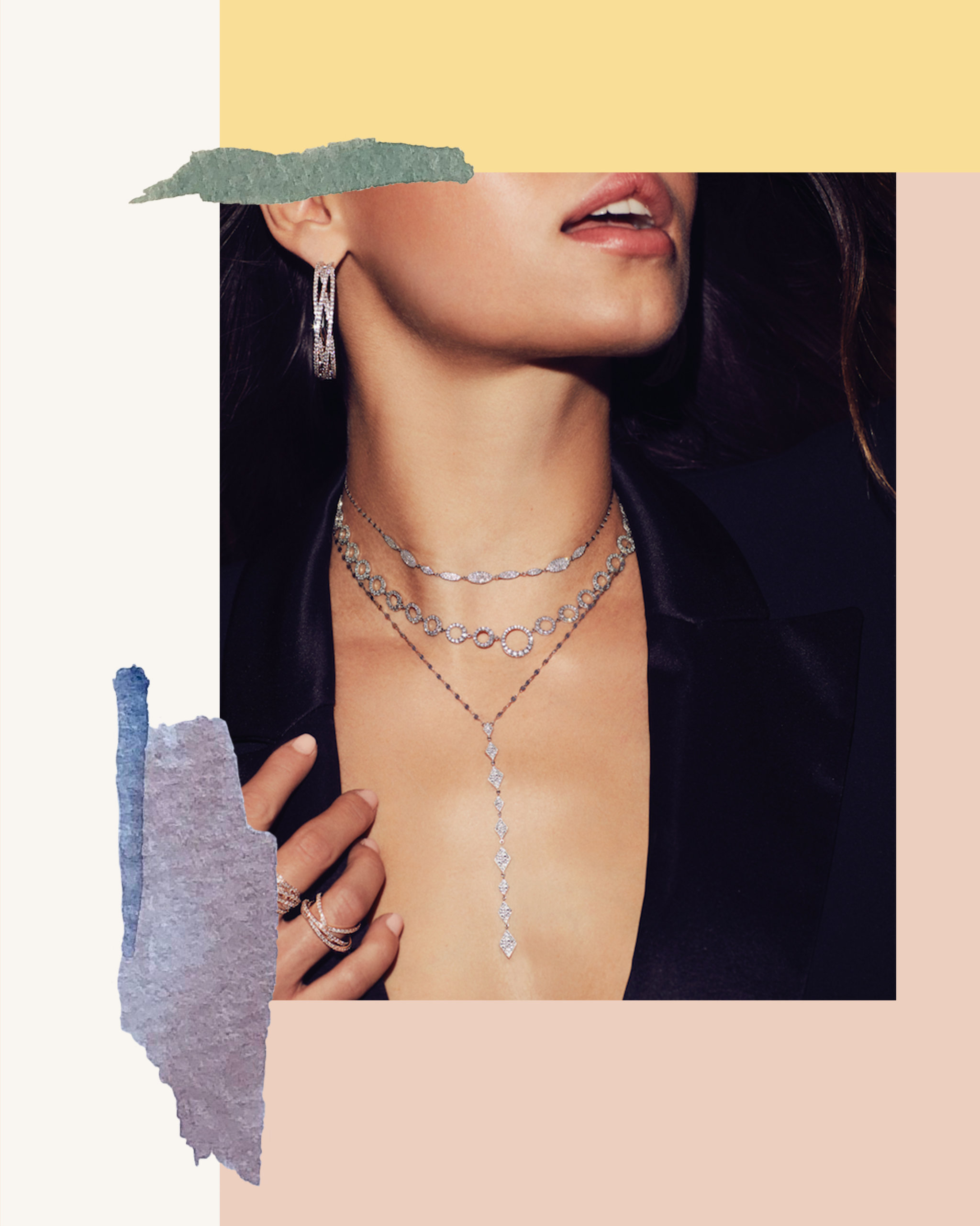 Lozenge cut, marquise cut, and pave diamonds set within gold layered necklaces and chokers from Jenna Blake