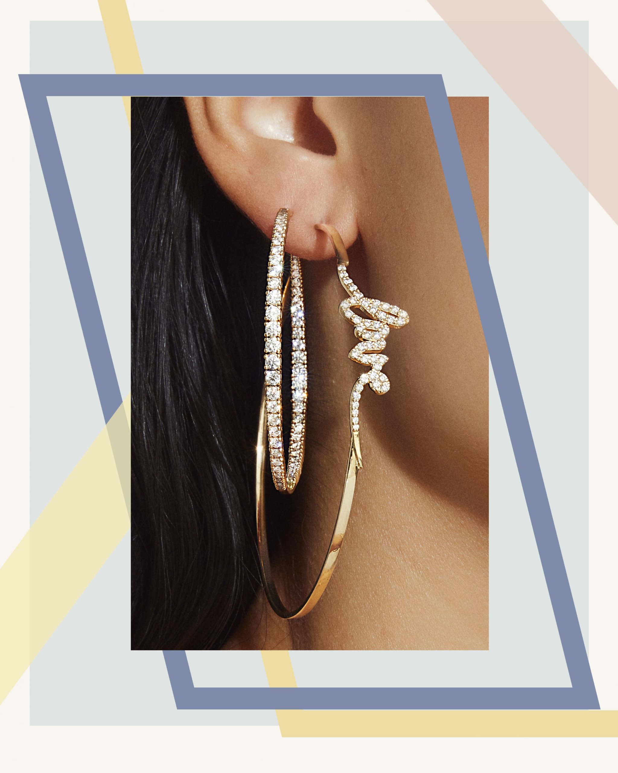 Diamond hoop earring paired with love hoop earring in gold by Lana Jewelry