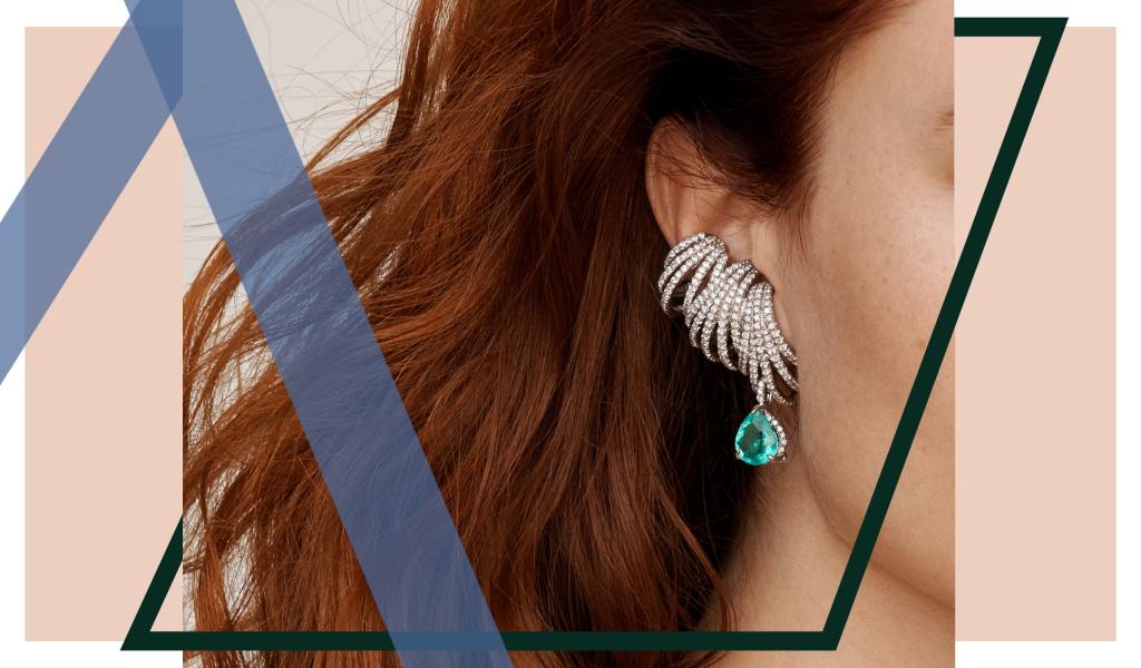 High jewelry pave diamond ear cuffs with an emerald drop earring