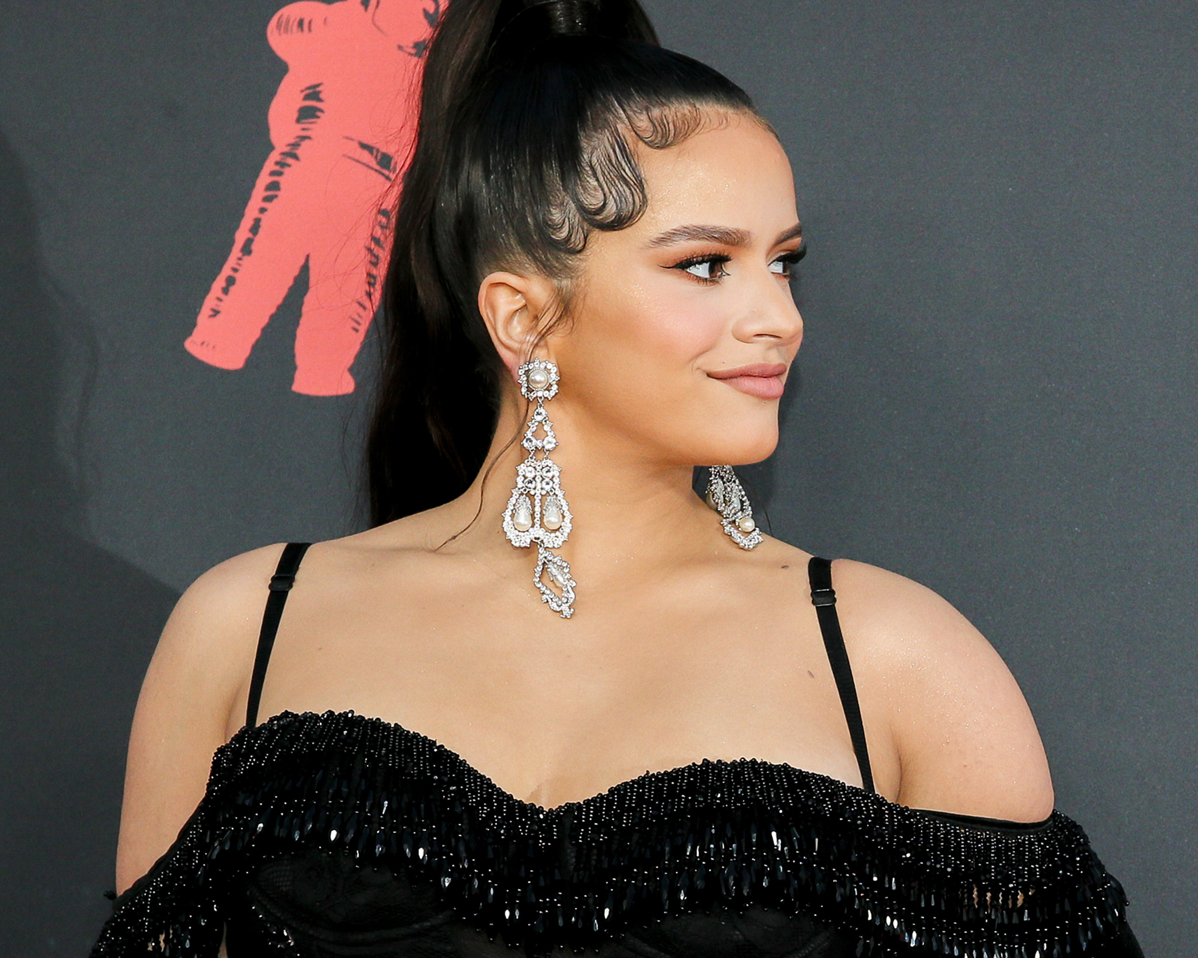 Rosalía wearing custom designed diamond chandelier earrings with pearls at the 2019 MTV Video Music Awards 