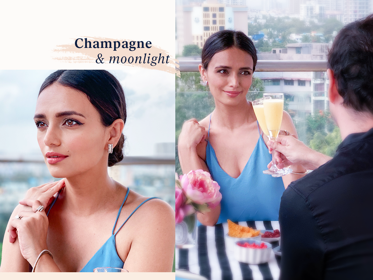 Roshni Chopra wearing diamond earrings on her date night