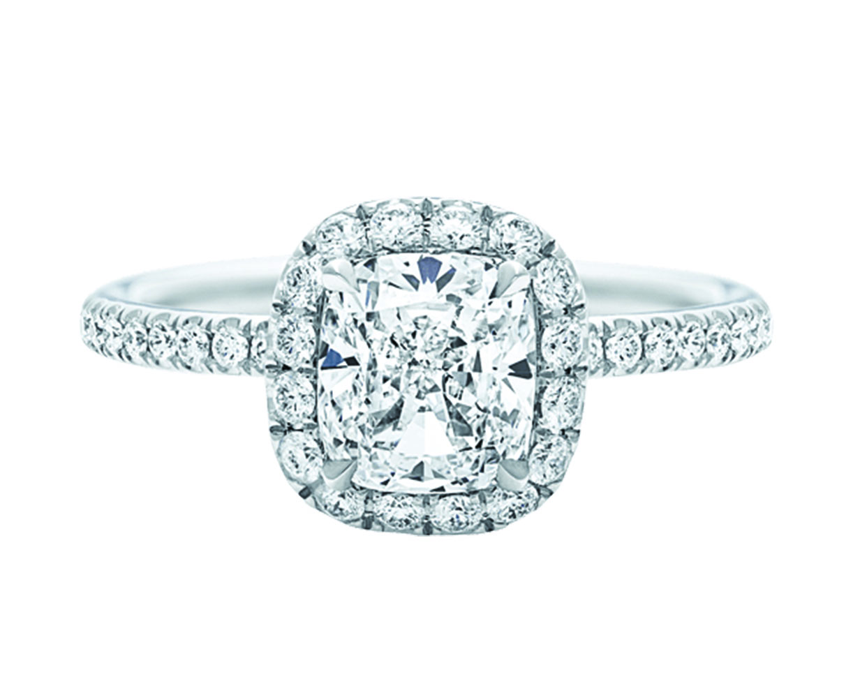 The 5 C's of Diamonds (Yes, 5): How to Select the Perfect Engagement Ring 11 Cushion cut diamond center stone ring with paved halo and platinum pave band