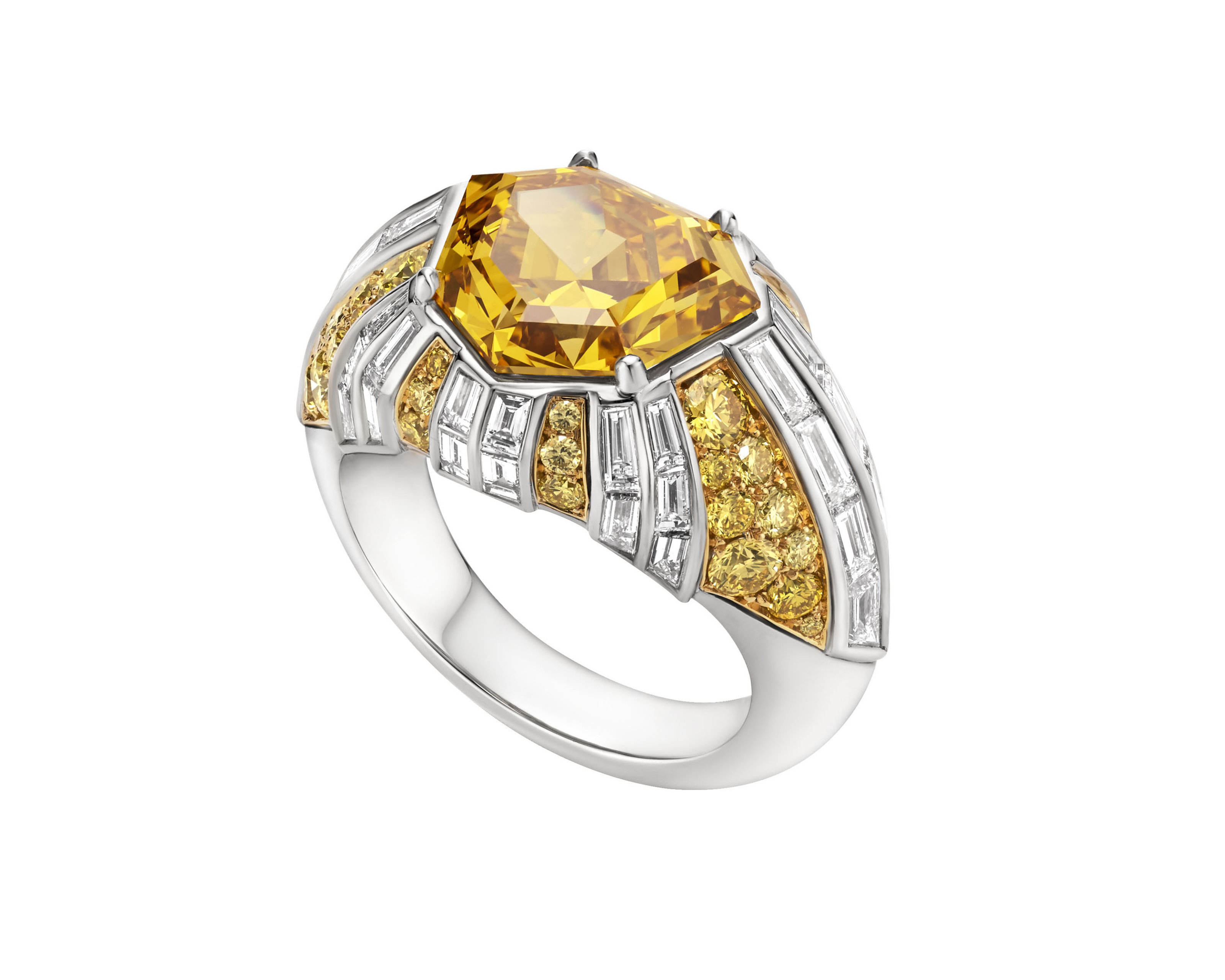 This Year's Most Epic High Jewelry Diamond Designs 7 Fancy cut orange-yellow diamond with orange-yellow round cut diamond accents & baguette diamonds by Bvlgari jewelry