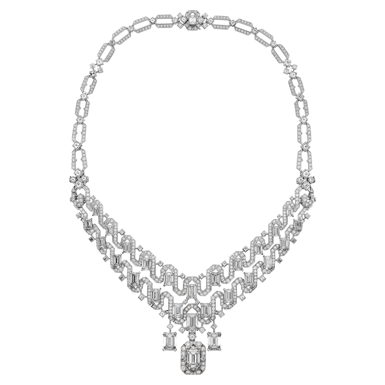 High jewelry platinum emerald cut diamond necklace that converts into emerald cut diamond earrings & a ring by Cartier