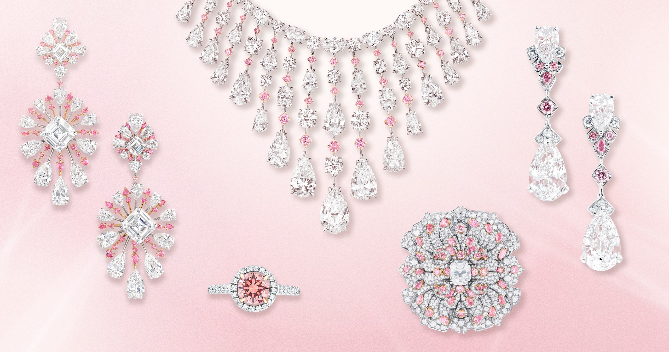 Pink diamond radiance earrings, diamond necklace, diamond drop earrings, diamond brooch, round diamond ring by David Morris