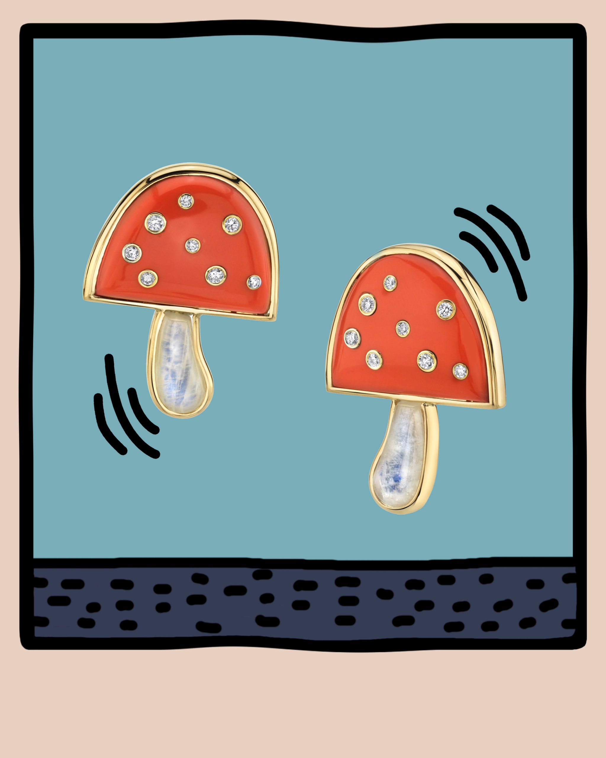 It’s a Thing: Emoji Jewelry 😜 5 Round cut diamonds set within red enamel mushroom emoji earrings comprised of yellow gold from Brent Neale