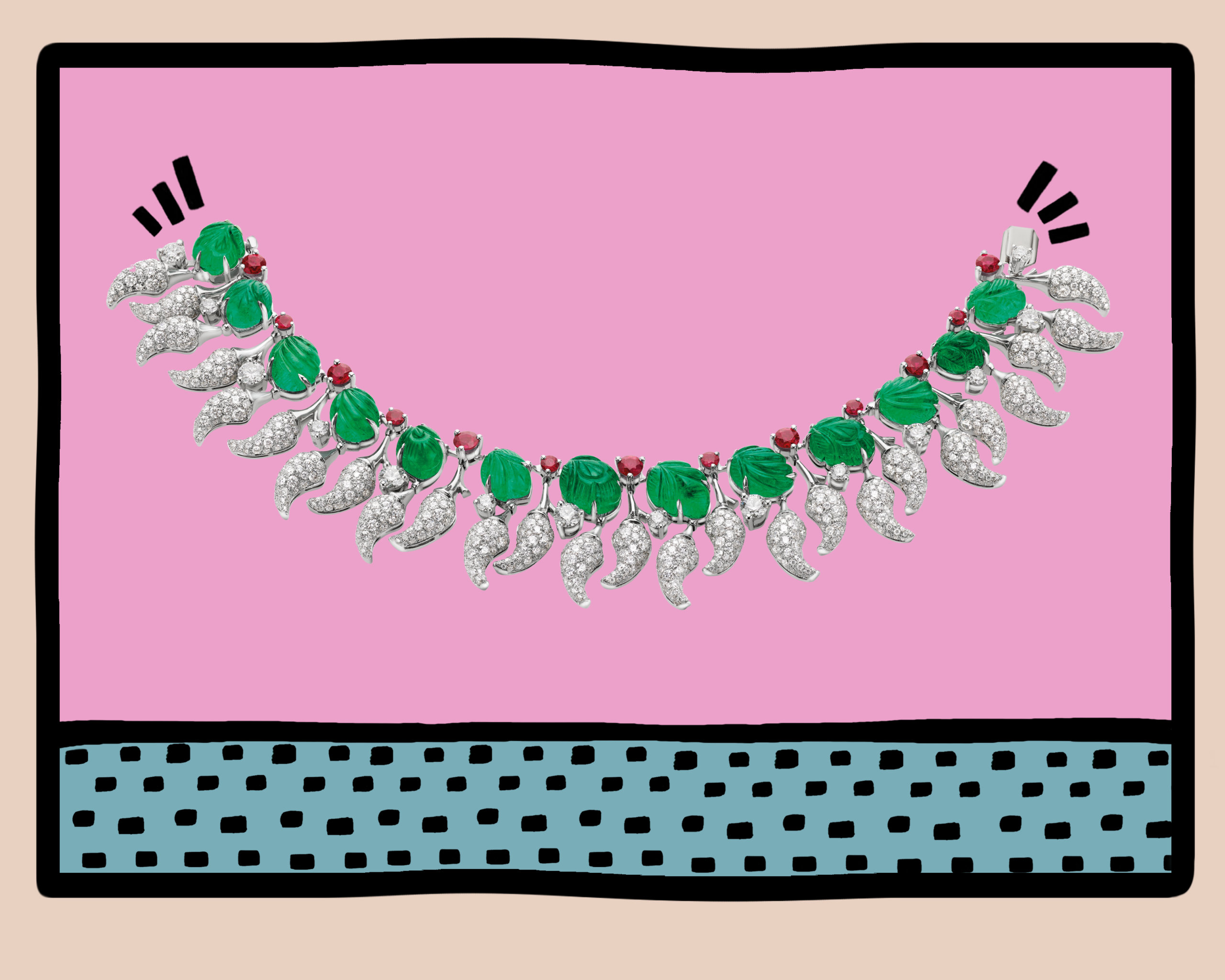 Clustered round cut diamonds, rubies and emeralds set within a chili emoji bracelet from Bulgari