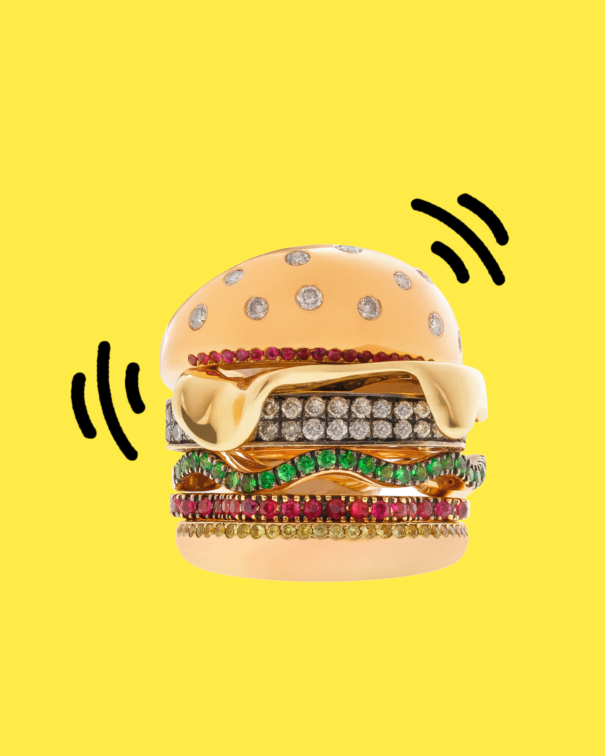 Round cut colorful diamonds set within a hamburger emoji ring from Nadine Ghosn