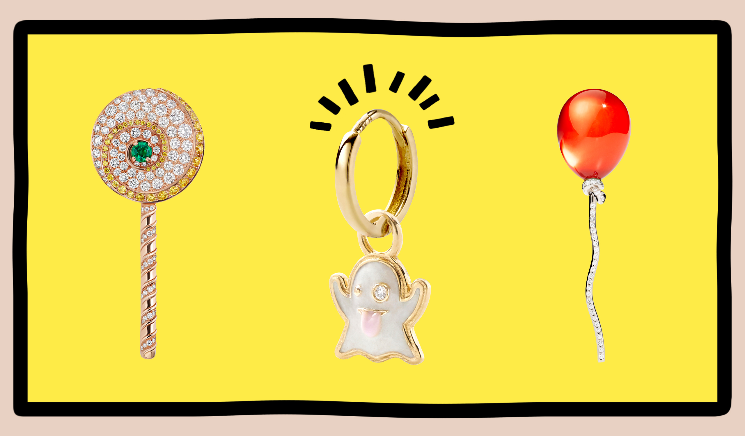 Round cut & pave diamonds within lollipop, ghost, and balloon emoji jewelry pendants from Bulgari, Alison Lou, and Vhernier