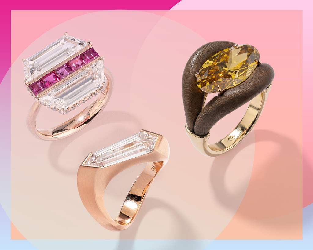 Assorted colorful and white diamonds within east west engagement rings on rose gold and yellow gold bands from Glenn Spiro