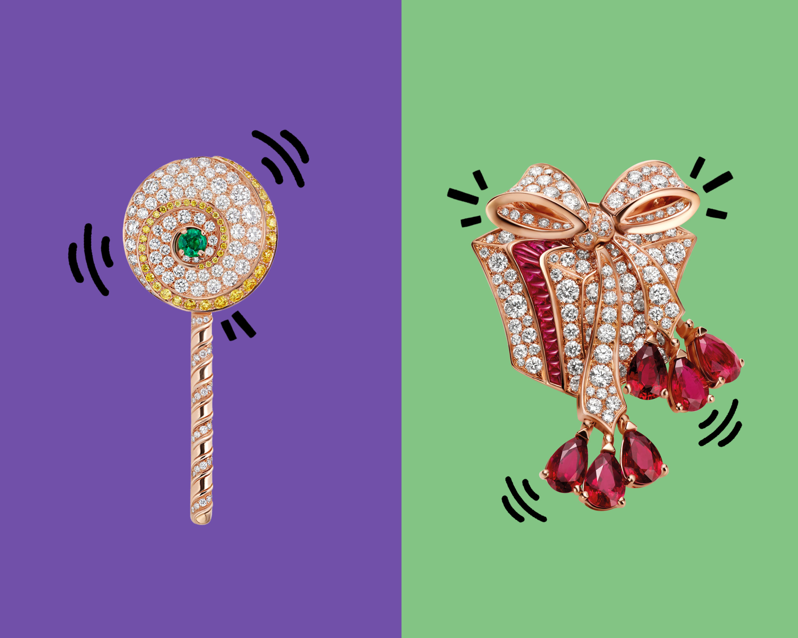 Round cut diamonds, pave diamonds, rubies and emeralds set with a lollipop emoji pendant & a present brooch from Bulgari 
