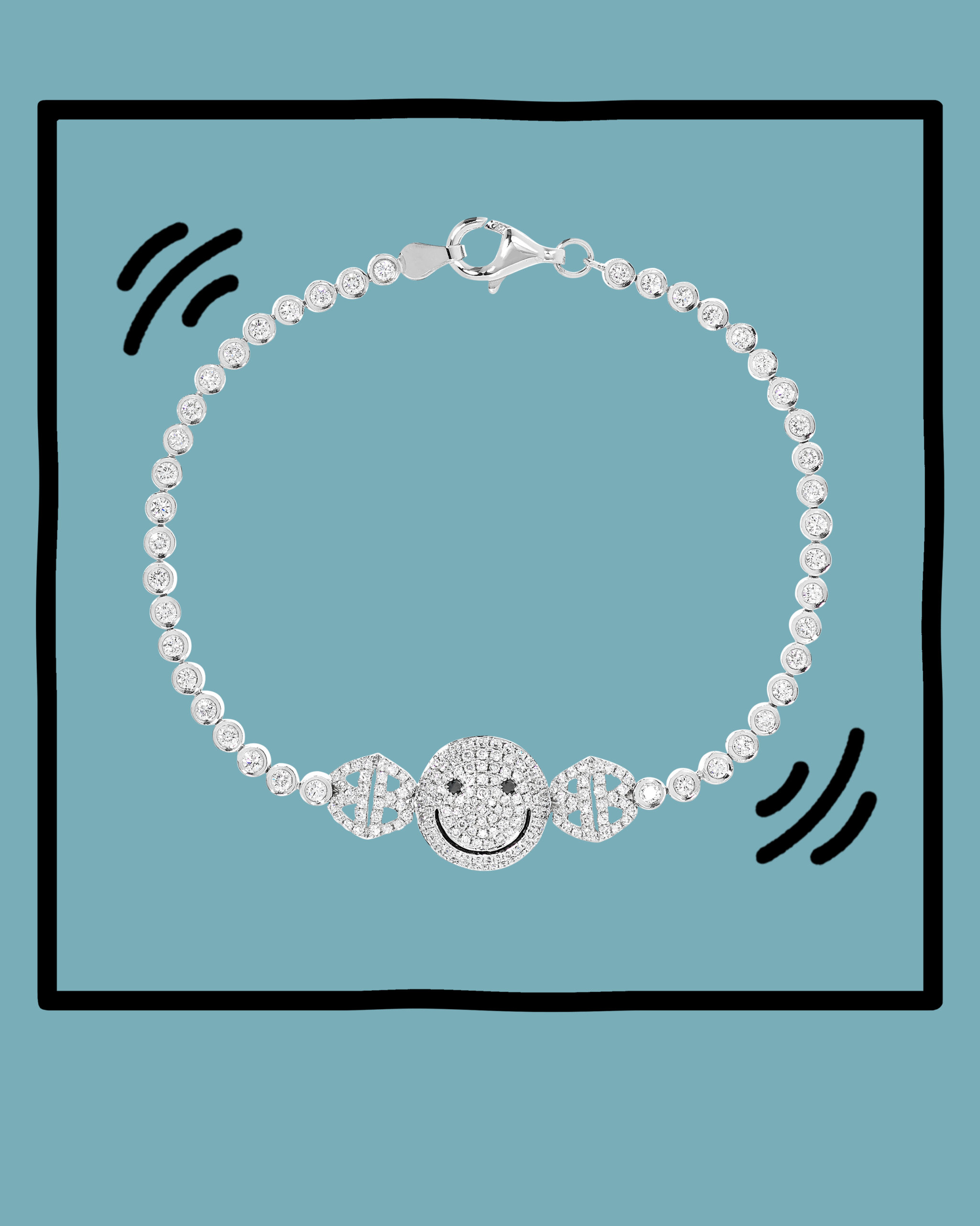 Round cut diamond set within a white gold smiley face emoji bracelet from Lorraine Schwartz