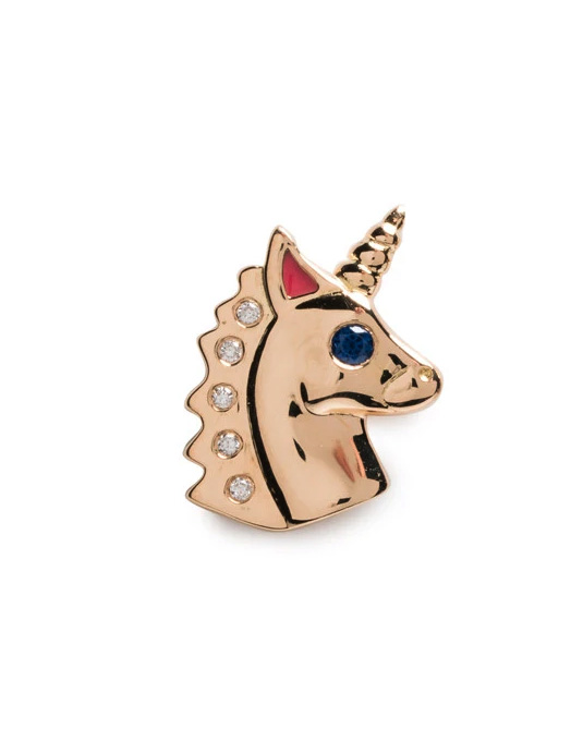 Sapphire and diamond encrusted unicorn stud earring made of 18k gold