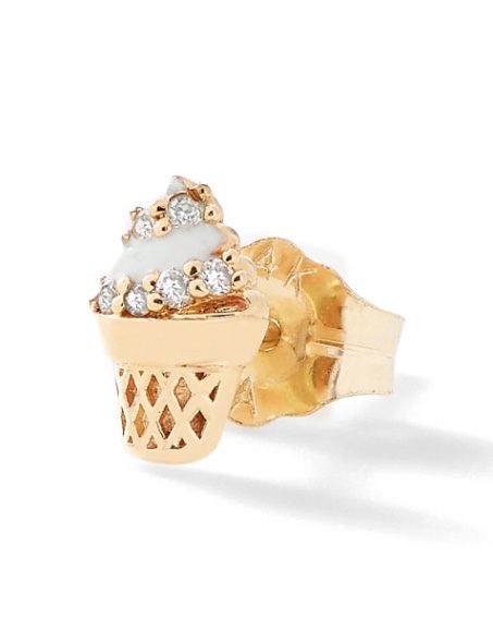 White pavé diamonds set within a 14k gold ice cream cone stud earring