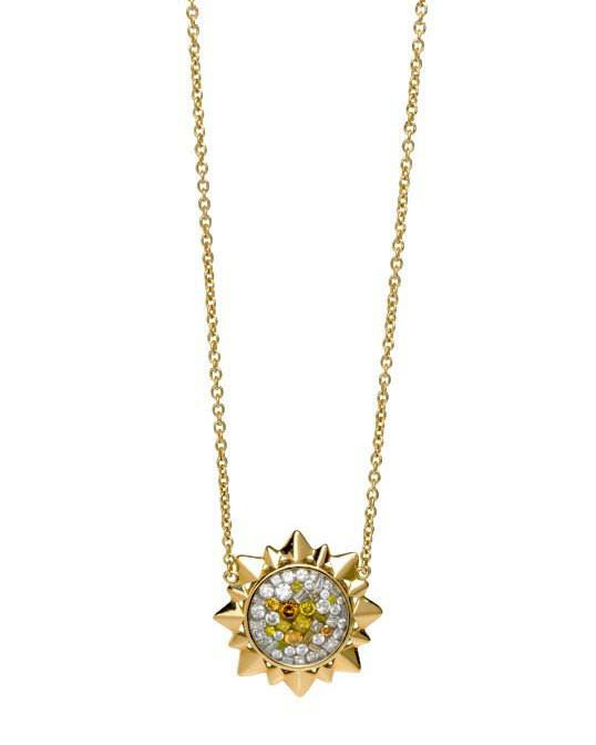 White diamond gold pendant necklace with a mosaic of colorful diamonds in the shape of the sun set in 18k gold