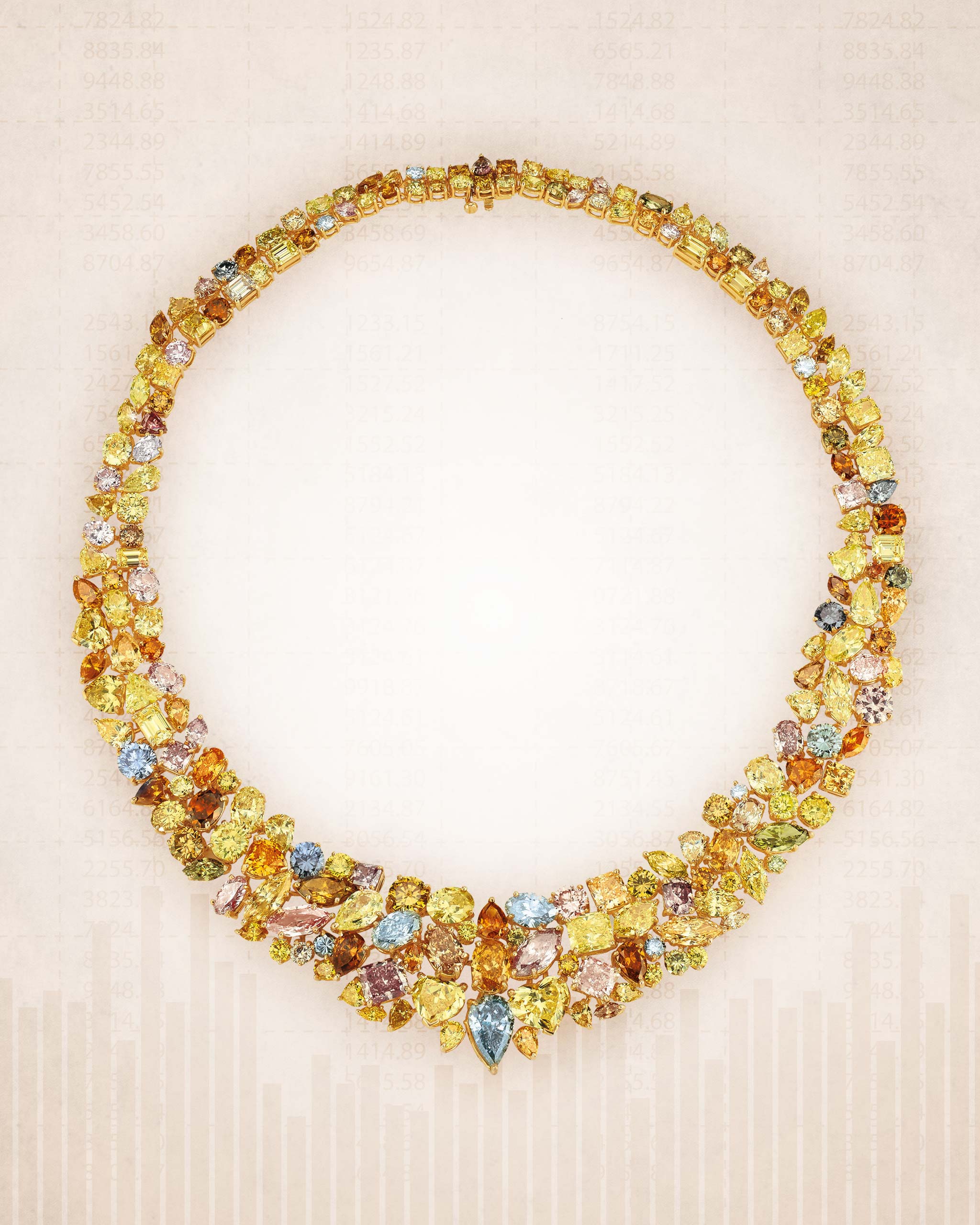 Multi-colored diamond necklace with yellow diamonds, blue diamonds, and pink diamonds sold at the 2020 Phillips auction