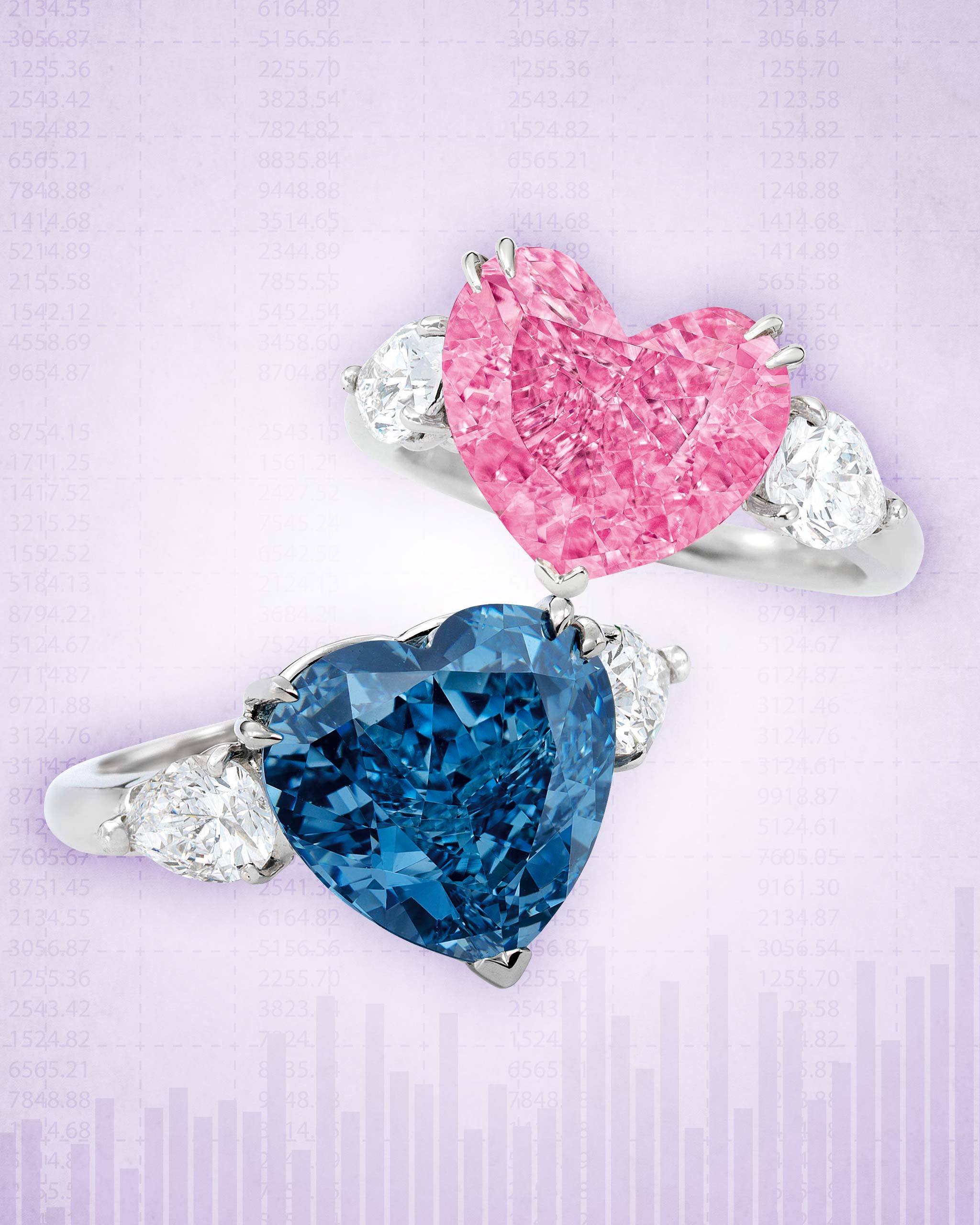 5-carat blue heart shaped diamond ring and 4-carat heart shaped pink diamond ring sold at the Sotheby’s jewelry auction