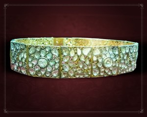 Gold belt with flat-cut Diamonds encrusted panels set using traditional gold leaf Kundan technique