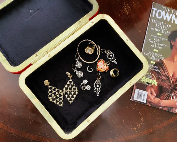 Stellene Volandes's jewelry box with an assortment of diamond earrings, bold gold diamond rings, gold bracelet and more