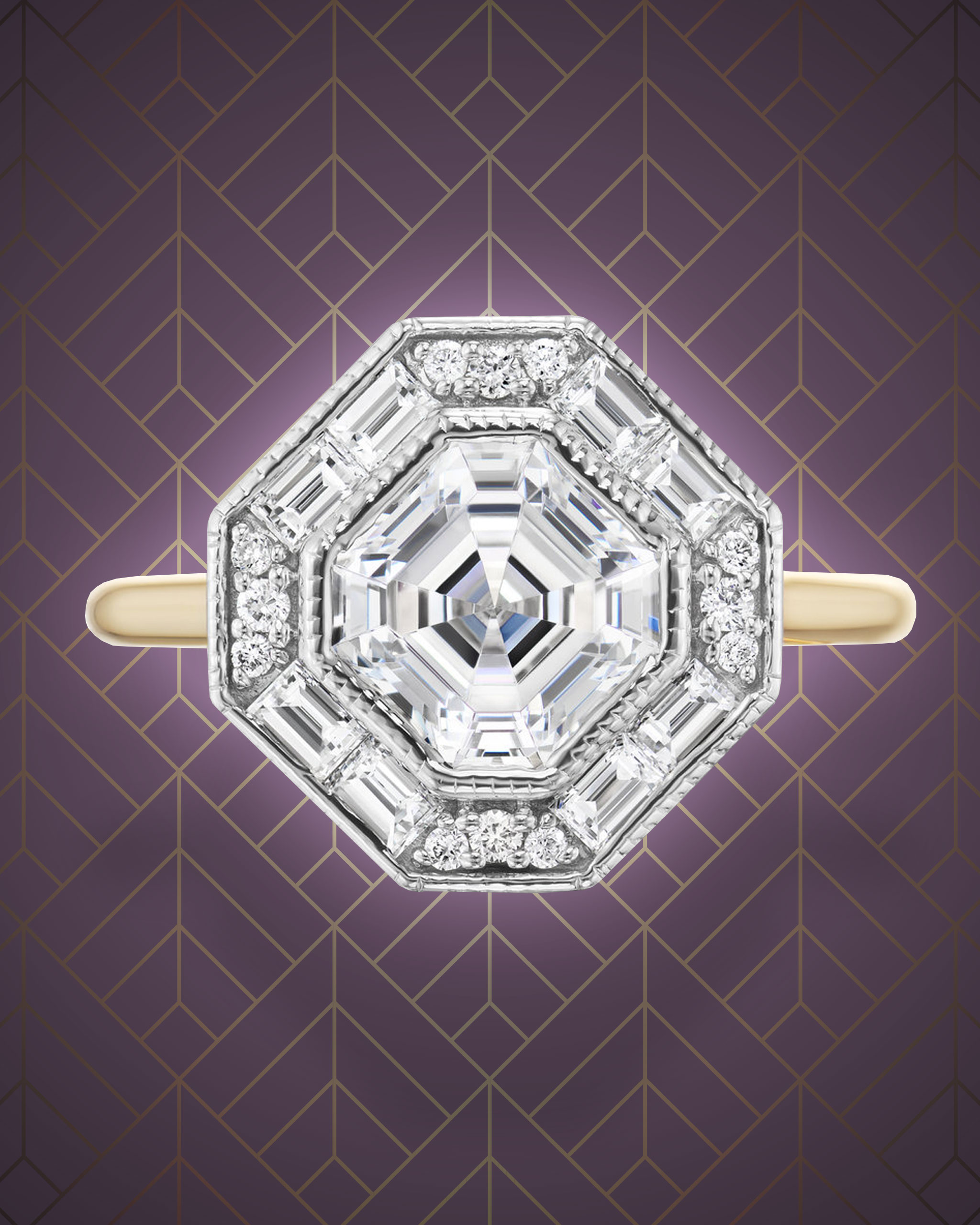 Asscher cut diamond Art Deco ring centered within round cut and baguette diamonds on a yellow gold band from Ashley Zhang