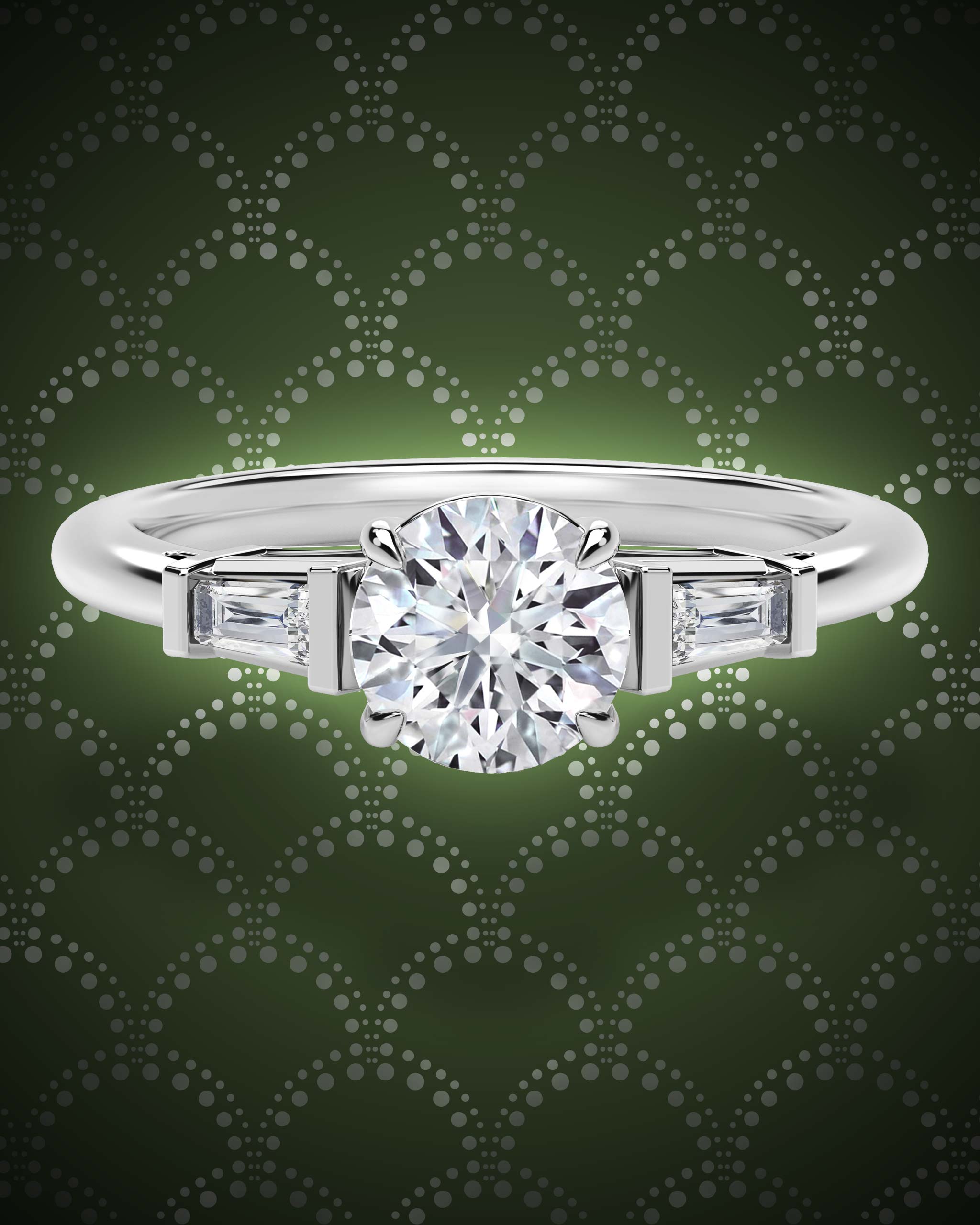 Round cut diamond Art Deco ring hugged by baguette diamonds set within a platinum band from Forevermark