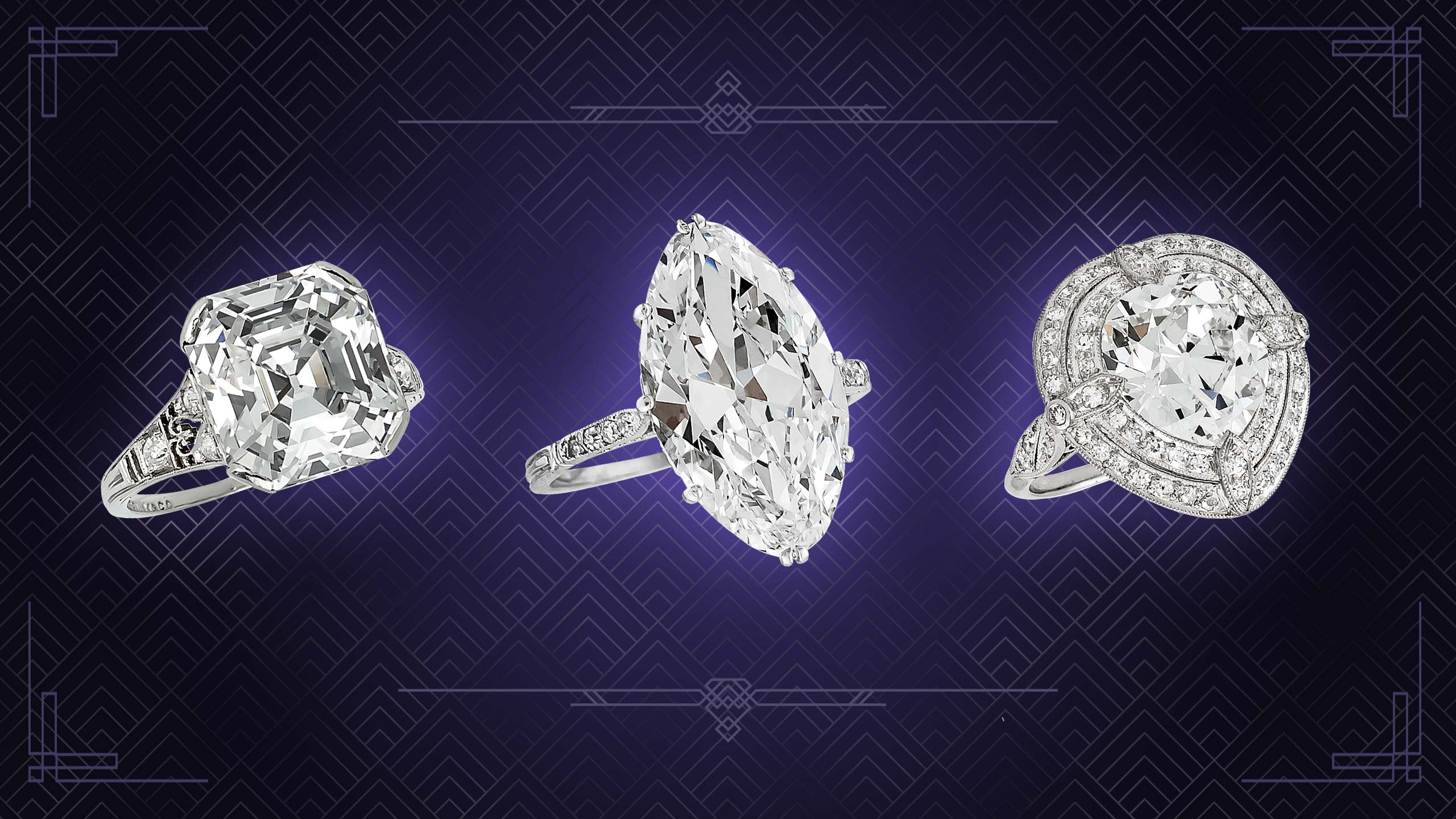 Assorted cushion cut, marquise cut, and tear drop diamond Art Deco rings
