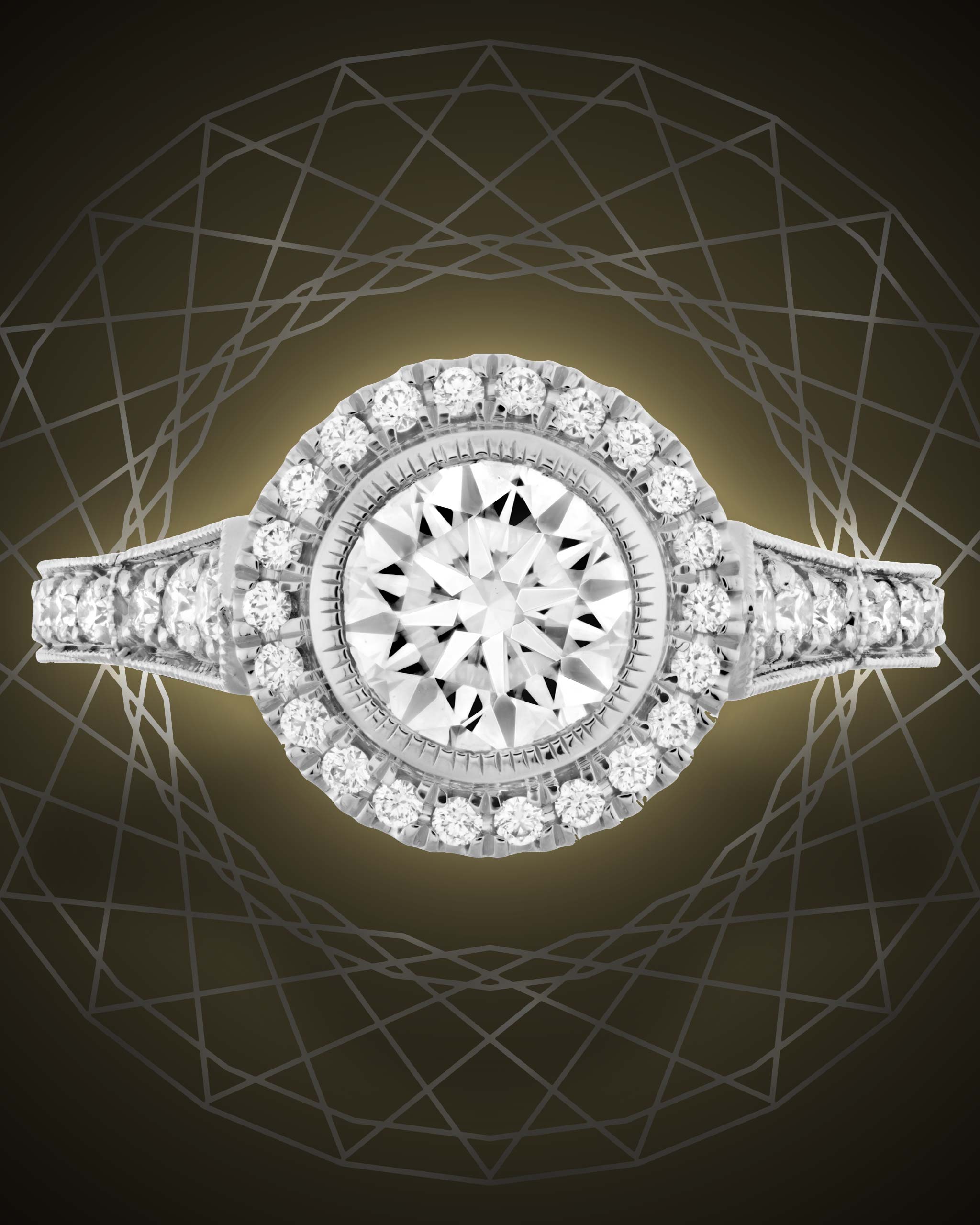 Round cut diamond Art Deco ring haloed by pave diamonds on a platinum band from Hearts On Fire