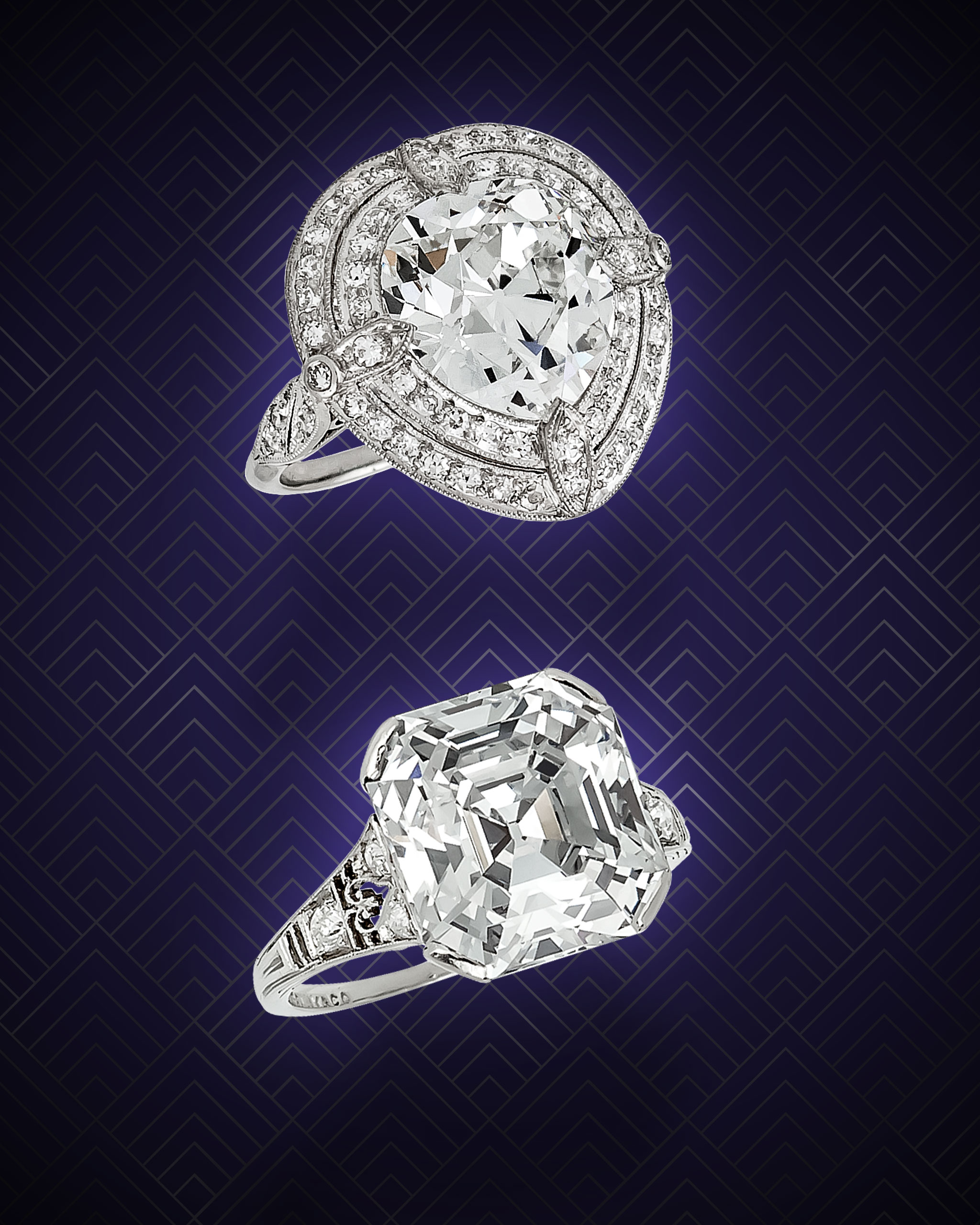 Assorted cushion cut, marquise cut, and tear drop diamond Art Deco rings