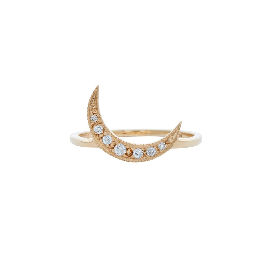 Diamond encrusted crescent moon ring made of solid 14k gold