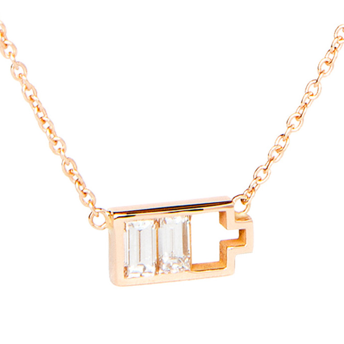 White, emerald cut diamond necklace with a charging battery pendant made of 18k gold