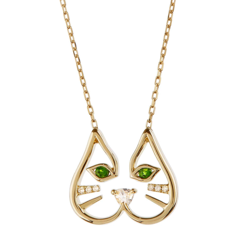 Diamond pendant necklace in the shape of a cat with green dioptase eye jewels and a white diamond nose