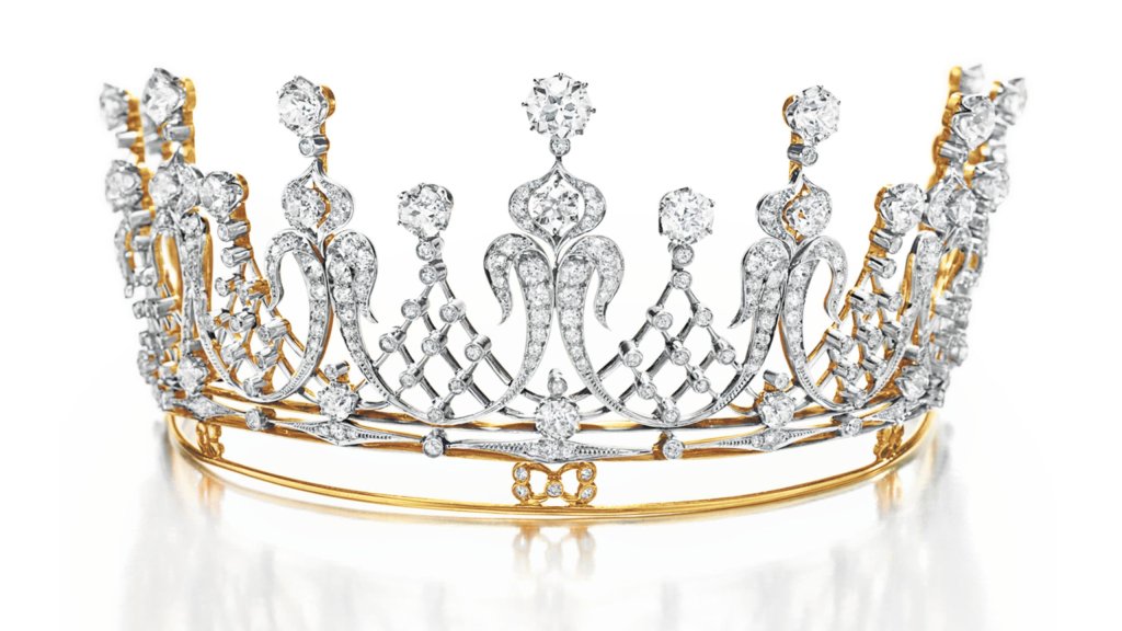 Elizabeth Taylor diamond tiara with old mine cut diamonds in platinum and gold worn at red carpet events in 1957