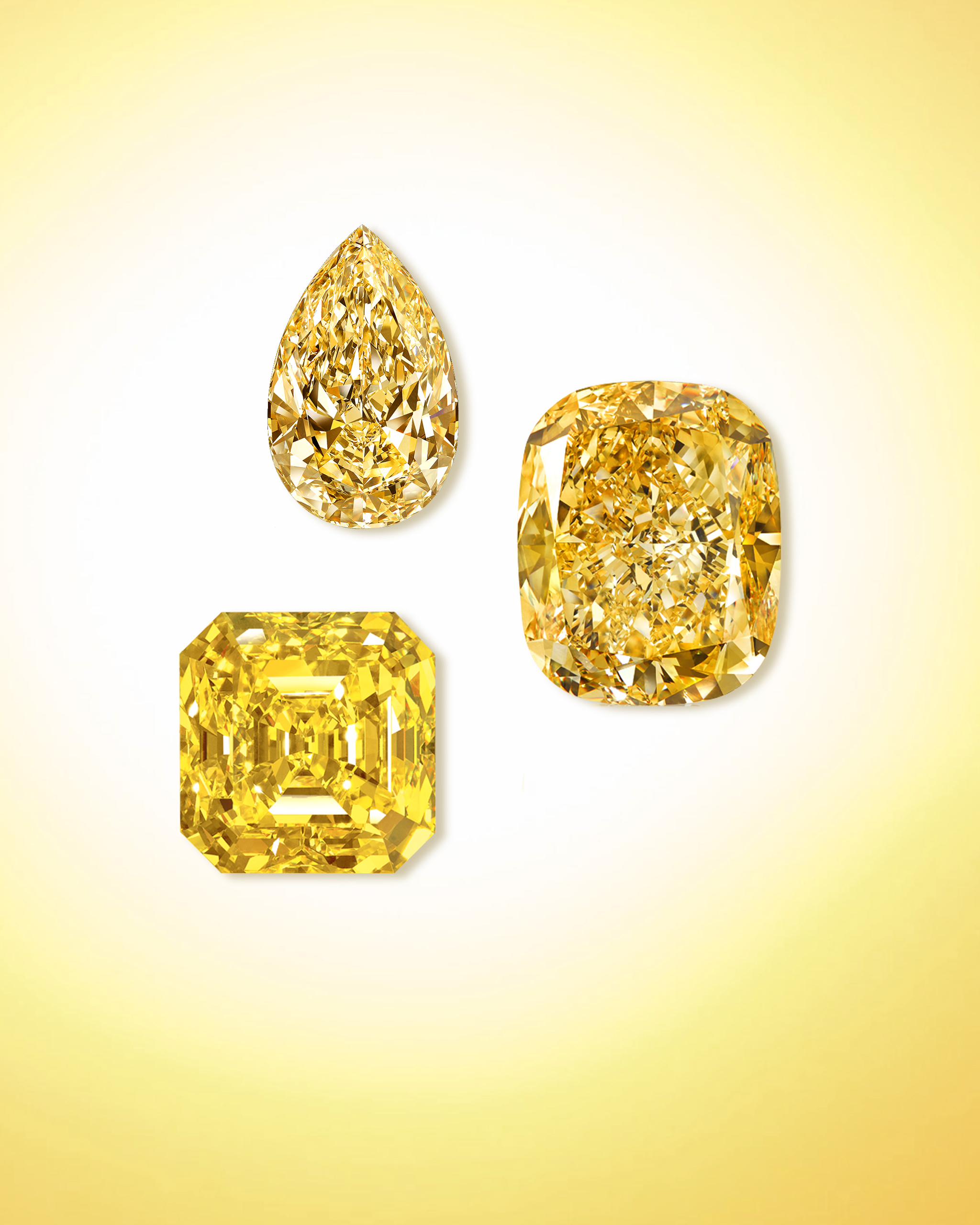 The Star of Bombay & The Golden Empress: a yellow pear shaped diamond, asscher cut diamond & radiant cut diamond from Graff