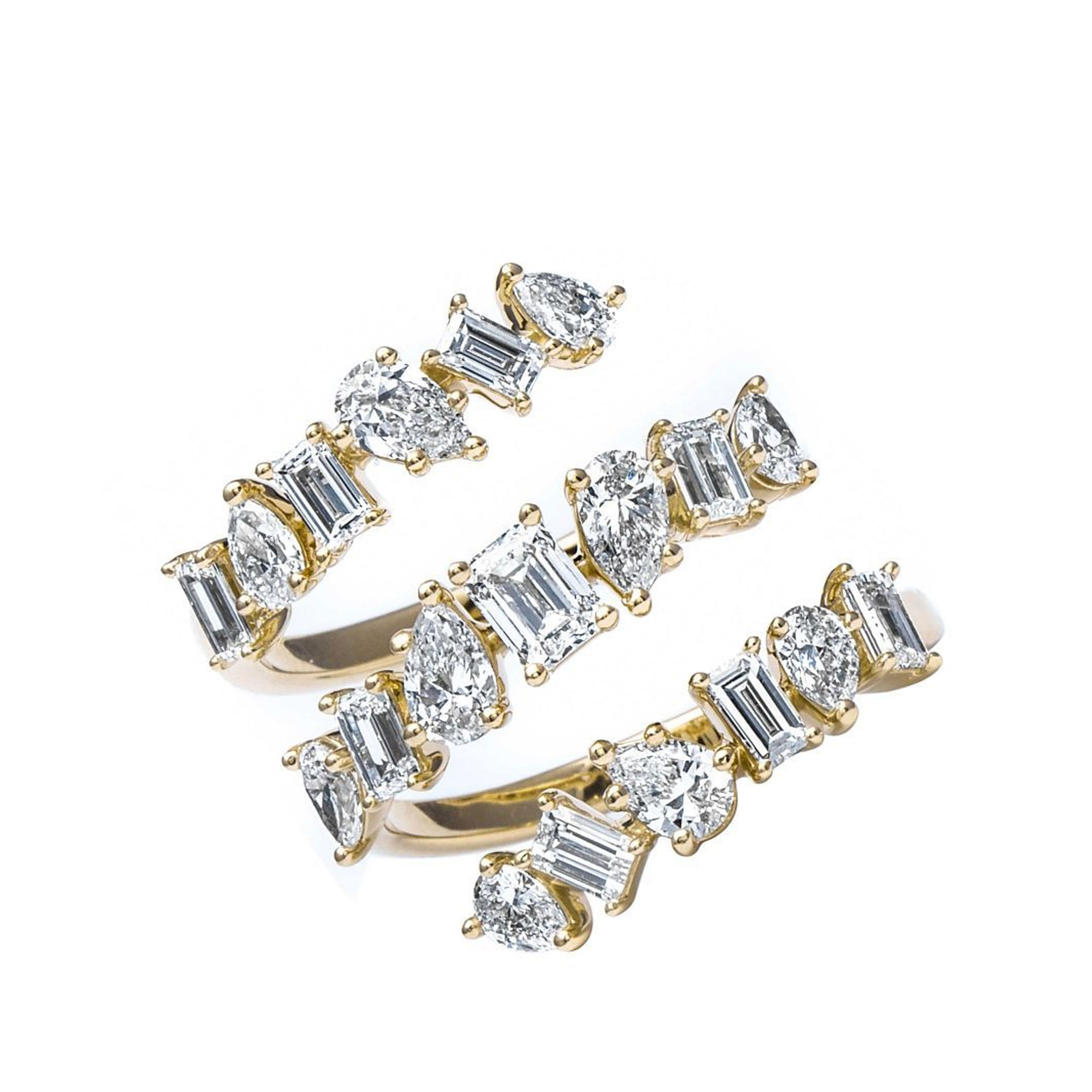 Bague à spirale en or 18k en forme d’émeraude et de poire en diamant de la London Collection