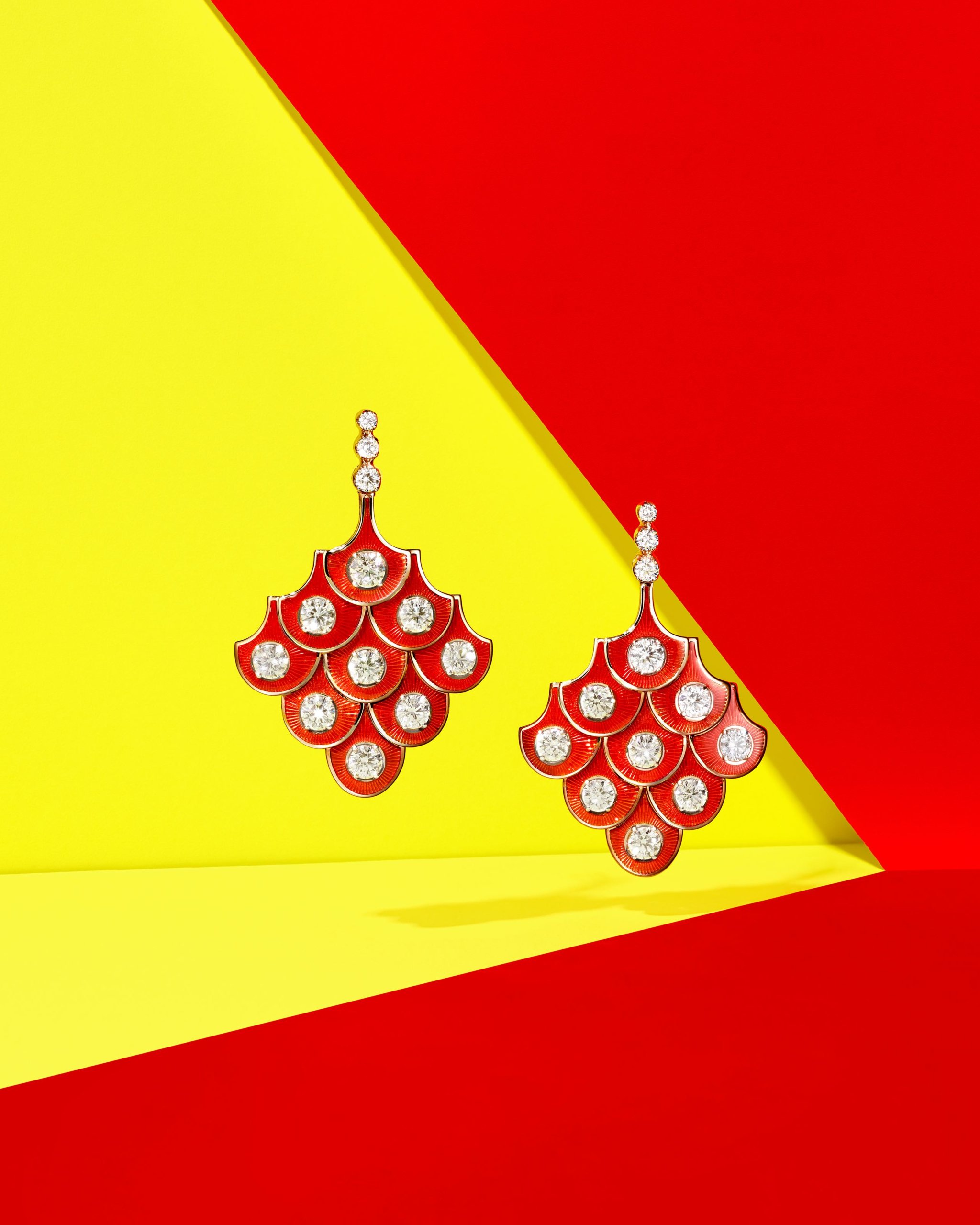 Red enamel and diamond drop earrings in a fan design by Selim Mouzannar