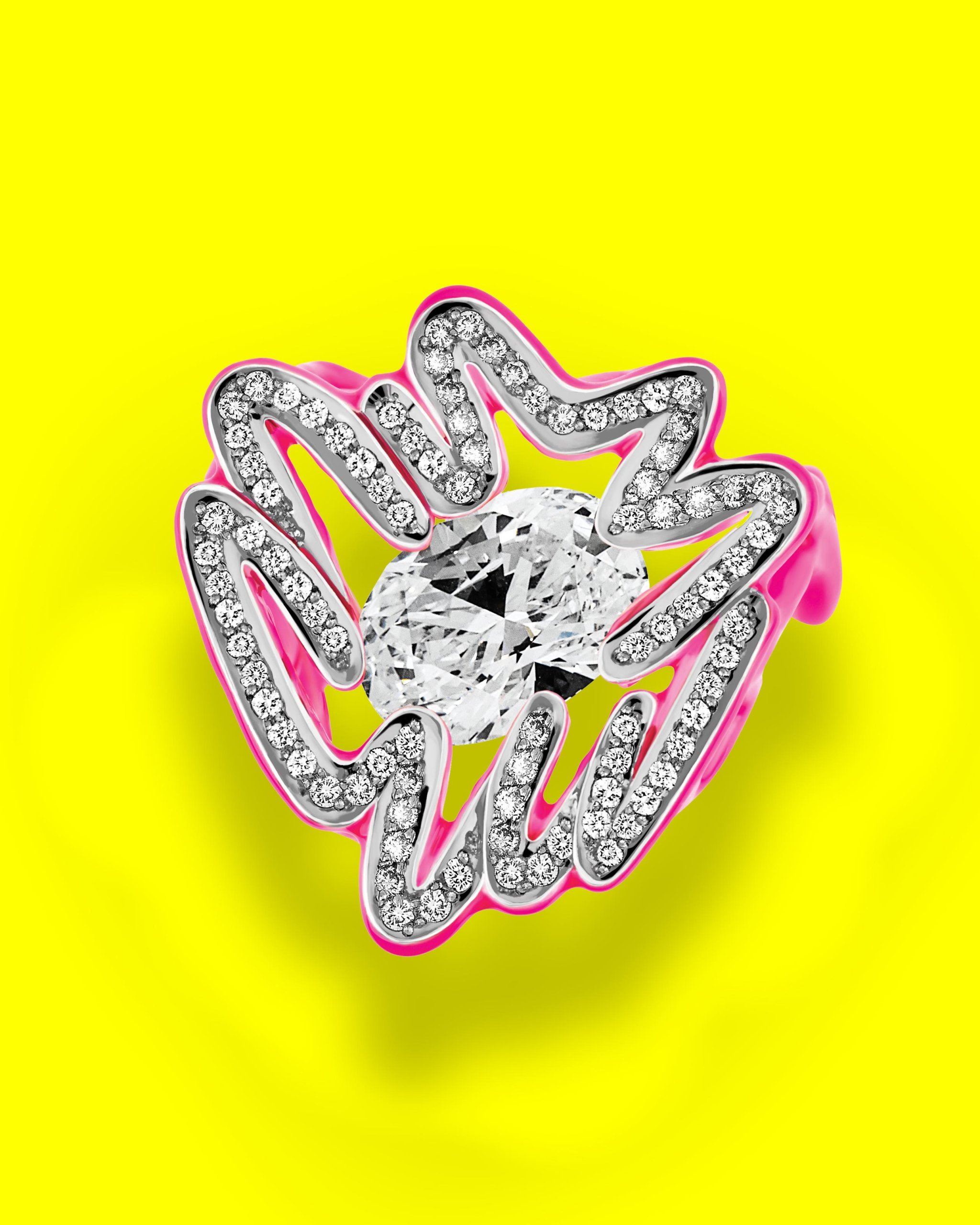 Scribble design neon pink ring with diamond outline and a oval cut diamond in the center by Solange Azagury-Partridge