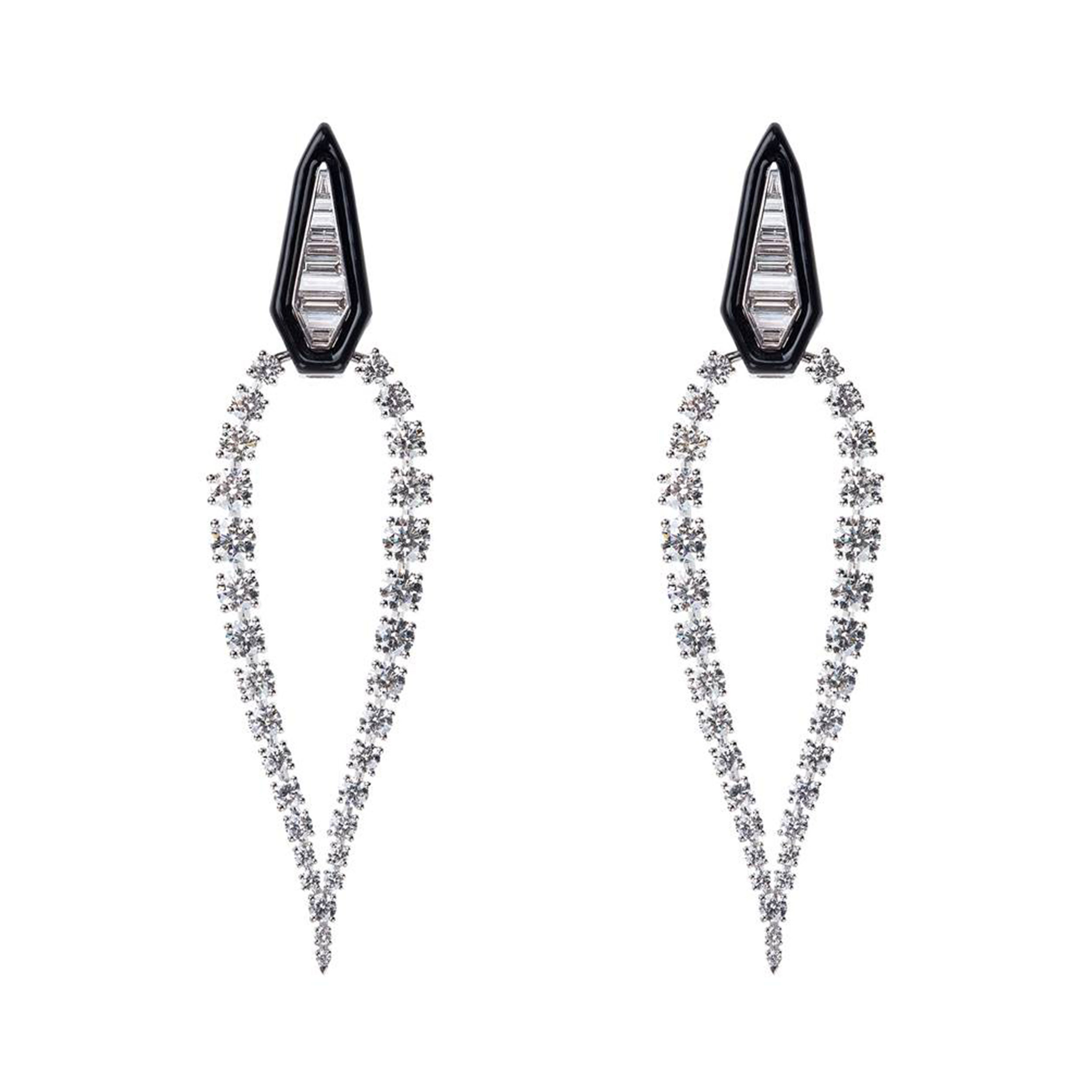 Oui Earring with Round and Baguette White Diamond and Black Enamel