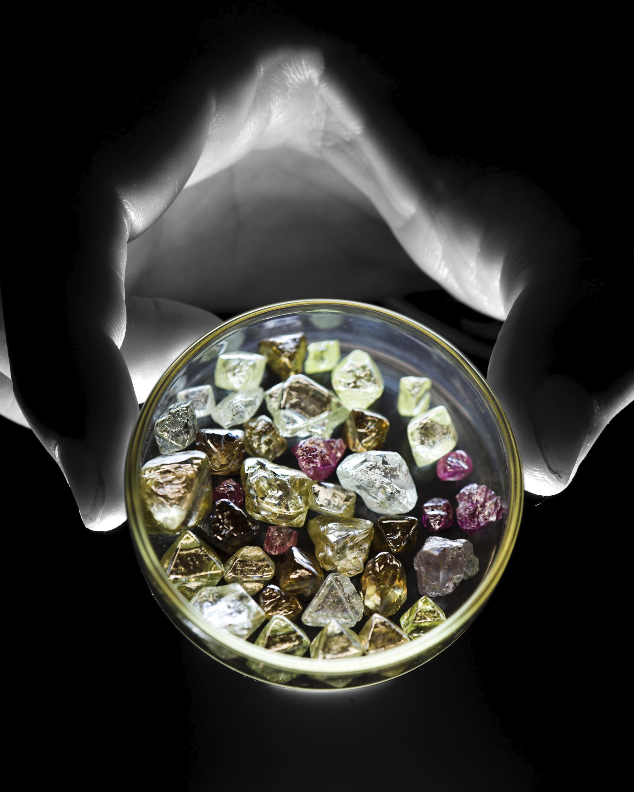 A rich palette of colourful, rough Argyle diamonds. (Courtesy of Rio Tinto)