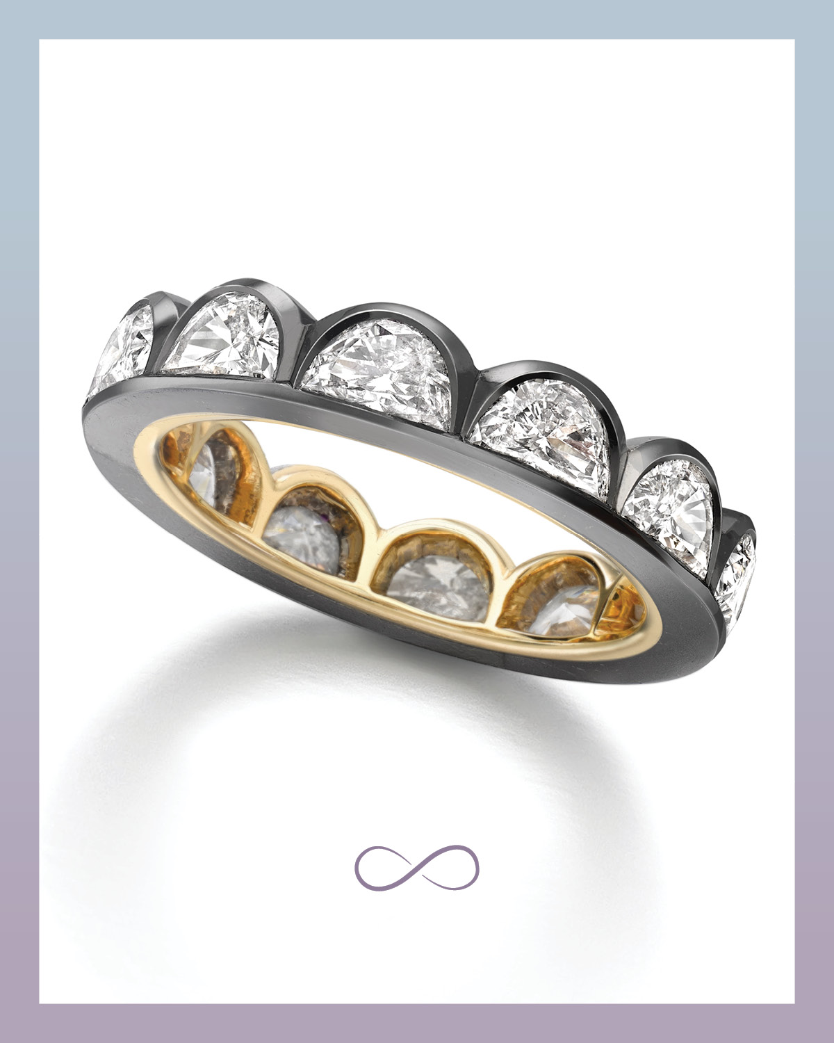Moonshine diamond eternity band form Jessica McCormack featuring 12 half moon diamonds set in yellow gold and blackened white gold