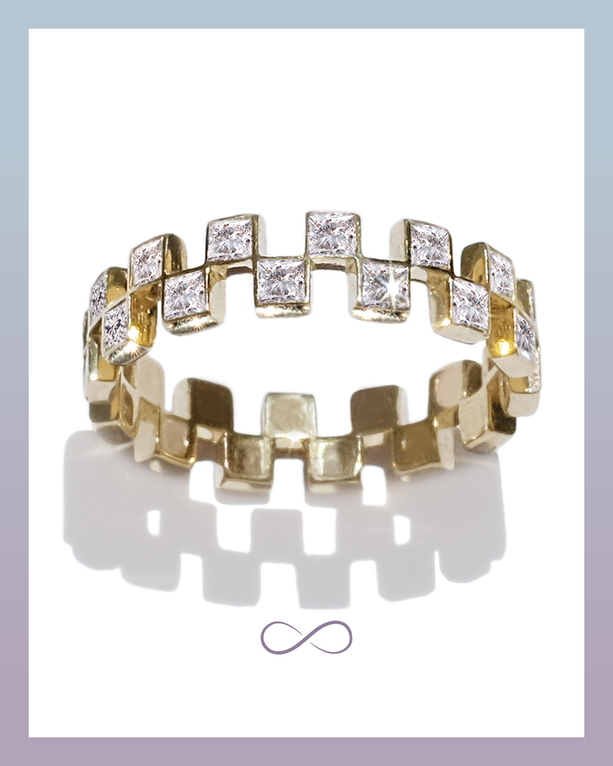 Anerise invisible set princess cut diamond eternity band from Kat Kim that features a checker board design set in yellow gold