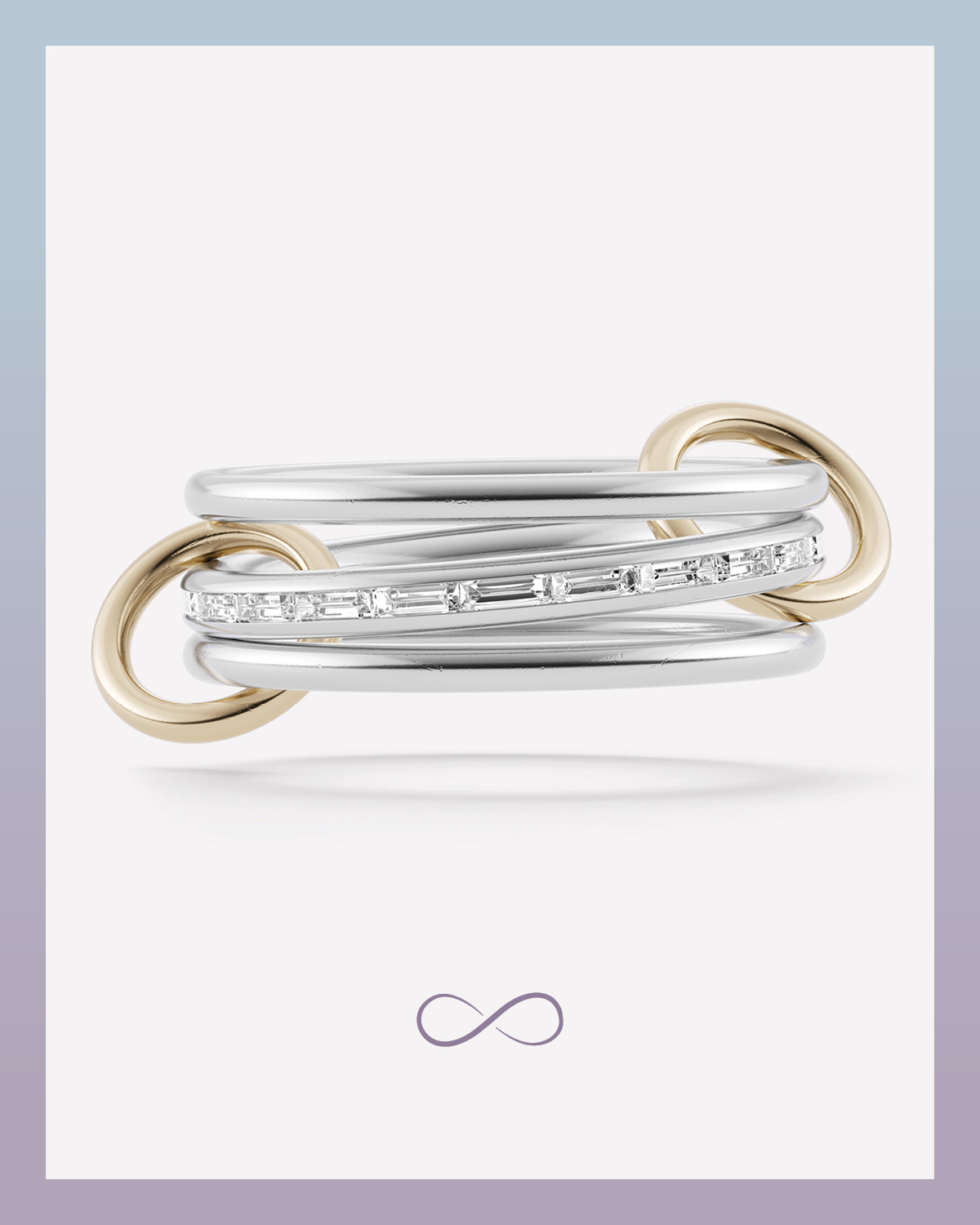 Diamond Jewelry Essentials: Eternity Bands 16 Petunia SG pave eternity band that features three sterling silver bands with one central band having grey pave diamonds and two yellow gold connectors from Spinelli Kilcollin