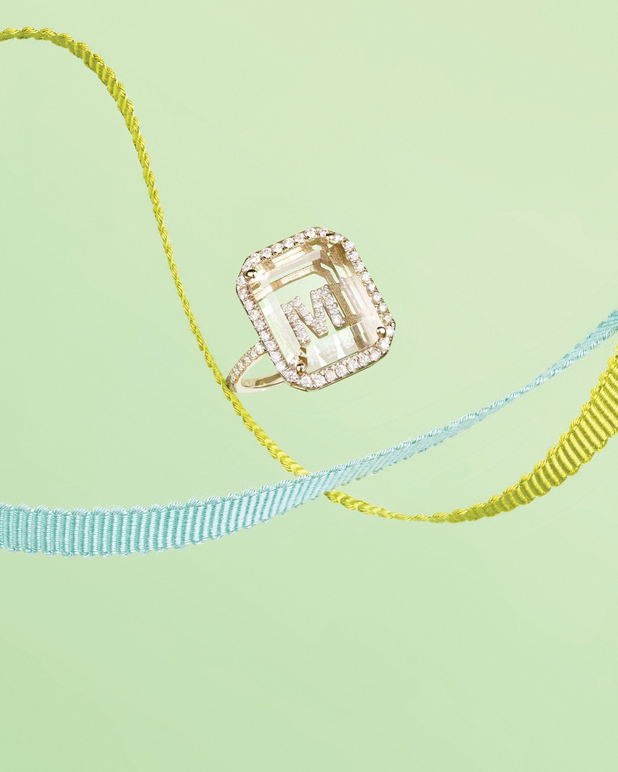 Diamond Letter Initial Jewelry M pendant ring comprised of white diamonds and set in platinum by Mateo jewelry